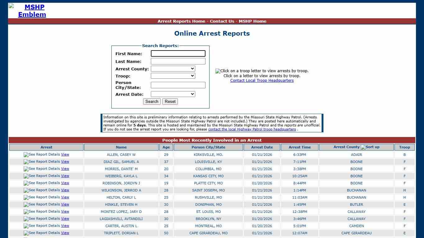 Missouri State Highway Patrol - Arrest Reports
